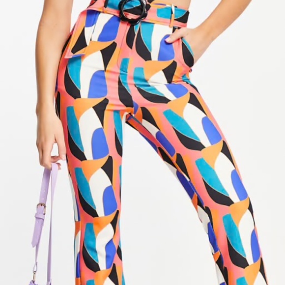 Never Fully Dresses abstract print flare pants with acrylic flower buckle - Picture 5 of 5